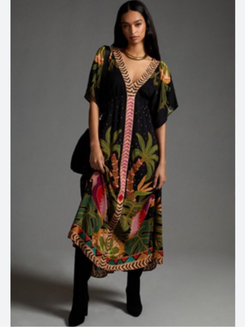 Farm Rio x Anthropologie V-Neck Maxi Dress in Tropical Parrots Size XS